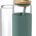 20oz Glass Water Tumbler with Silicone Protective Sleeve - Beer Shaped Glass Cups with Straw and Bamboo Lid, Iced Coffee Glasses, Cute Drinking Glasses for Water, Smoothie, Gift - Cambridge Blue