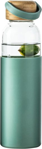 21oz Borosilicate Glass Water Bottles with Silicone Non-Slip Sleeve & Leak-Proof Lid-Reusable Drink Bottle for Office,Travel,Gym,Hiking-BPA Free,Ideal Gift for Home,Car &Fitness (Green)