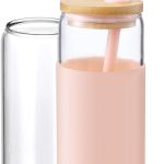 20oz Glass Water Tumbler with Silicone Protective Sleeve - Beer Shaped Glass Cups with Straw and Bamboo Lid, Iced Coffee Glasses, Cute Drinking Glasses for, Water Smoothie, Boba Tea, Gift - Pink