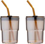 13 oz Tumbler Water Glass, Water Bottle with Straw and Dustproof Lid, Coffee Ice Cup Double Wall Insulated Glass Cup (Amber-2Pack)