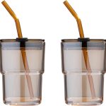 13 oz Tumbler Water Glass, Water Bottle with Straw and Dustproof Lid, Coffee Ice Cup Double Wall Insulated Glass Cup (Amber-2Pack)