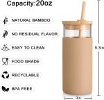 20oz Glass Tumbler Glass Water Bottle Straw Silicone Protective Sleeve Bamboo Lid - BPA Free (French Grey/ 1 Pack) - Image 2