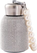 Bling Insulated Water Bottle Double Wall Stainless Steel Vacuum Flask with Glitter Rhinestones Diamond 10 oz Keep Cold Water Bottle with Pearls Bracelet Handle (Silver Diamond)