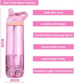 25oz Pink Water Bottle with Clip Handle and Locking Lid, Reusable Travel Tritan Water Bottle with Straw and Sports Plastic Water Bottle - Pink - Image 2