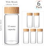 6 Pack Glass Bottles with Lids 12 oz Juicing Bottles Reusable Wide Mouth Glass cups Airtight Leak Proof Drinking Milk Water Tea cups for Storage(Wood) - Image 2