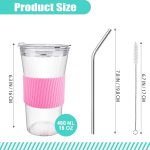 2 pcs Iced Coffee Cups with Lids, 16 oz Glass Cups with Lids and Straws, Reusable Tumbler with Silicone Sleeve, Wide Mouth Can Shaped Drinking Glasses for Coffee Juice Water Smoothie (Pink) - Image 2