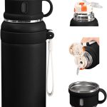 800ml 3-in-1 Double wall vacuum Leakproof stainless steel wide mouth insulated water bottle; tea tumbler with straw,cup,lid and lifting rope; travel coffee thermoses hot drinks; cold thermal flask