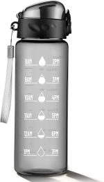 Clear Water Bottle, Wide Mouth Leakproof Water Bottle with Time Marker, 26OZ Plastic Water Bottles, Lightweight for Sports, Travel, Black