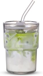 13oz/400ml Tumbler Water Glass, Cups with Straw and Lid Sealed Carry on for Coffee, Iced Tea, Thick Wall Insulated Glass Cup(white)