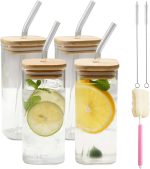 Glass Cups with Lids & Straws 4 pcs Set Square shaped, Drinking Glasses Beer Glasses Tumblers Cups Water Bottles for Iced Coffee, Cocktail, Beer, Soda, Whiskey