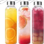 3 Packs Glass Water Bottles with Lid Clear Juice Bottles Reusable Bottle with Stainless Steel Cap Glass Cups Liquid Storage Containers for Juicing Beverage Refrigerator Travel-18oz
