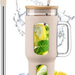 Glass Tumbler with Lid and Straw, 46 oz Iced Coffee Cup with Handle, Glass Water Bottles with Silicone Sleeve, Glass Cup with Straws - Pearl Straw & Drinking Straw BPA Free-Amber