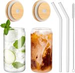 Drinking Glasses with Bamboo Lids and Glass Straw 2PCS Set, 16oz Glass Cups with Lids and Straws, Beer, Iced Coffee Glasses, Soda, Gift 1 Cleaning Brushes