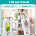 Glass Tumbler with Lid and Straw, 46 oz Iced Coffee Cup with Handle, Large Water Bottles with Silicone Sleeve, Glass Cup with Straws - Pearl Straw & Drinking Straw BPA Free-White - Image 2