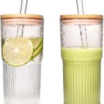 Glass Cups - 22 oz Iced Coffee Cups Drinking Glasses Iced Coffee Cup Reusable Smoothie Cup Glass Tumbler Water Glasses Ribbed Glassware Work from  Travel Coffee Mug Drinking Set