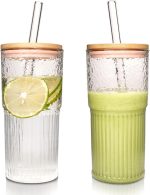Glass Cups - 22 oz Iced Coffee Cups Drinking Glasses Iced Coffee Cup Reusable Smoothie Cup Glass Tumbler Water Glasses Ribbed Glassware Work from  Travel Coffee Mug Drinking Set