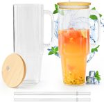 Glass Cups with Lids and Straws 40 oz Glass Tumbler with Straw and Lid 2 Pack Glass Tumbler with Handle Wide Mouth Iced Coffee Cups for Smoothies, Soda, Tea, with Bamboo Lids