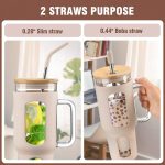 Glass Tumbler with Lid and Straw, 46 oz Iced Coffee Cup with Handle, Glass Water Bottles with Silicone Sleeve, Glass Cup with Straws - Pearl Straw & Drinking Straw BPA Free-Amber - Image 2