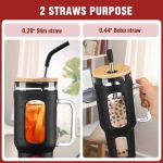 Glass Tumbler with Lid and Straw, 46 oz Iced Coffee Cup with Handle, Large Water Bottles with Silicone Sleeve, Glass Cup with Straws - Pearl Straw & Drinking Straw BPA Free-Black - Image 2