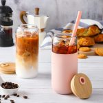 20oz Glass Water Tumbler with Silicone Protective Sleeve - Beer Shaped Glass Cups with Straw and Bamboo Lid, Iced Coffee Glasses, Cute Drinking Glasses for, Water Smoothie, Boba Tea, Gift - Pink - Image 2