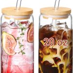 20 OZ Glass Cups with Bamboo Lids and Glass Straw - Beer Shaped Drinking Glasses Set, Iced Coffee Glasses, Cute Tumbler Cup, Aesthetic Coffee Bar Accessories, Gift - 2 Pack