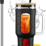 Glass Tumbler with Lid and Straw, 46 oz Iced Coffee Cup with Handle, Large Water Bottles with Silicone Sleeve, Glass Cup with Straws - Pearl Straw & Drinking Straw BPA Free-Black