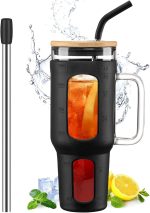 Glass Tumbler with Lid and Straw, 46 oz Iced Coffee Cup with Handle, Large Water Bottles with Silicone Sleeve, Glass Cup with Straws - Pearl Straw & Drinking Straw BPA Free-Black