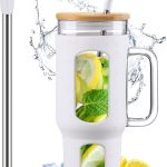 Glass Tumbler with Lid and Straw, 46 oz Iced Coffee Cup with Handle, Large Water Bottles with Silicone Sleeve, Glass Cup with Straws - Pearl Straw & Drinking Straw BPA Free-White