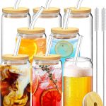 Drinking Glasses with Bamboo Lids and Glass Straw 8PCS Set, 16oz Glass Cups with Lids and Straws, Beer, Iced Coffee Glasses, Soda, Gift 2 Cleaning Brushes