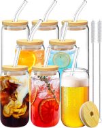 Drinking Glasses with Bamboo Lids and Glass Straw 8PCS Set, 16oz Glass Cups with Lids and Straws, Beer, Iced Coffee Glasses, Soda, Gift 2 Cleaning Brushes